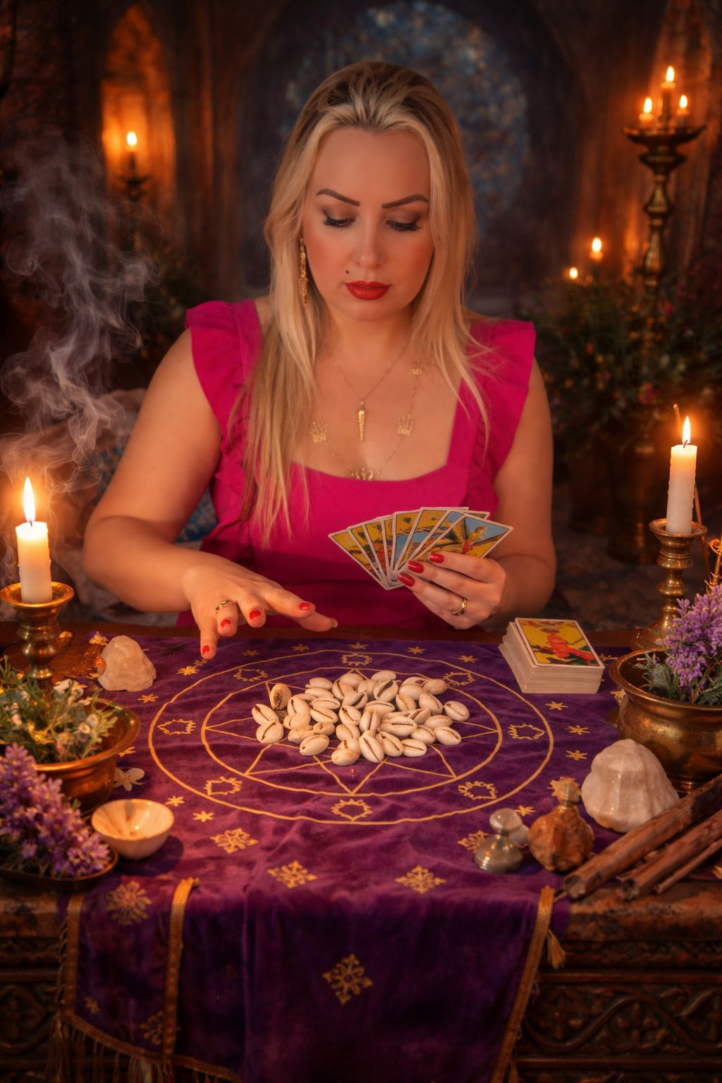 Vidente Valentina realizando leitura de cartas em mesa ritualística